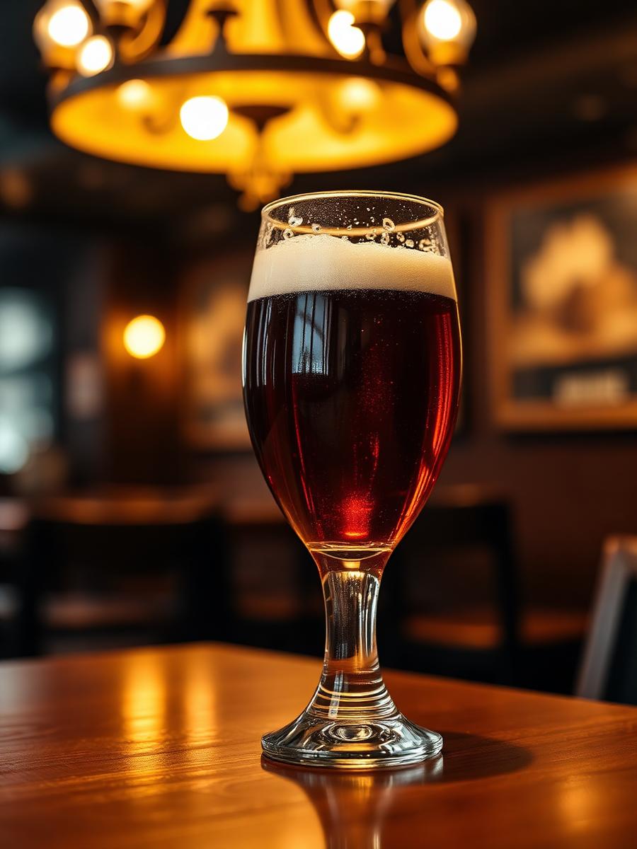 Verre de bière belge ambrée posé sur une table en bois