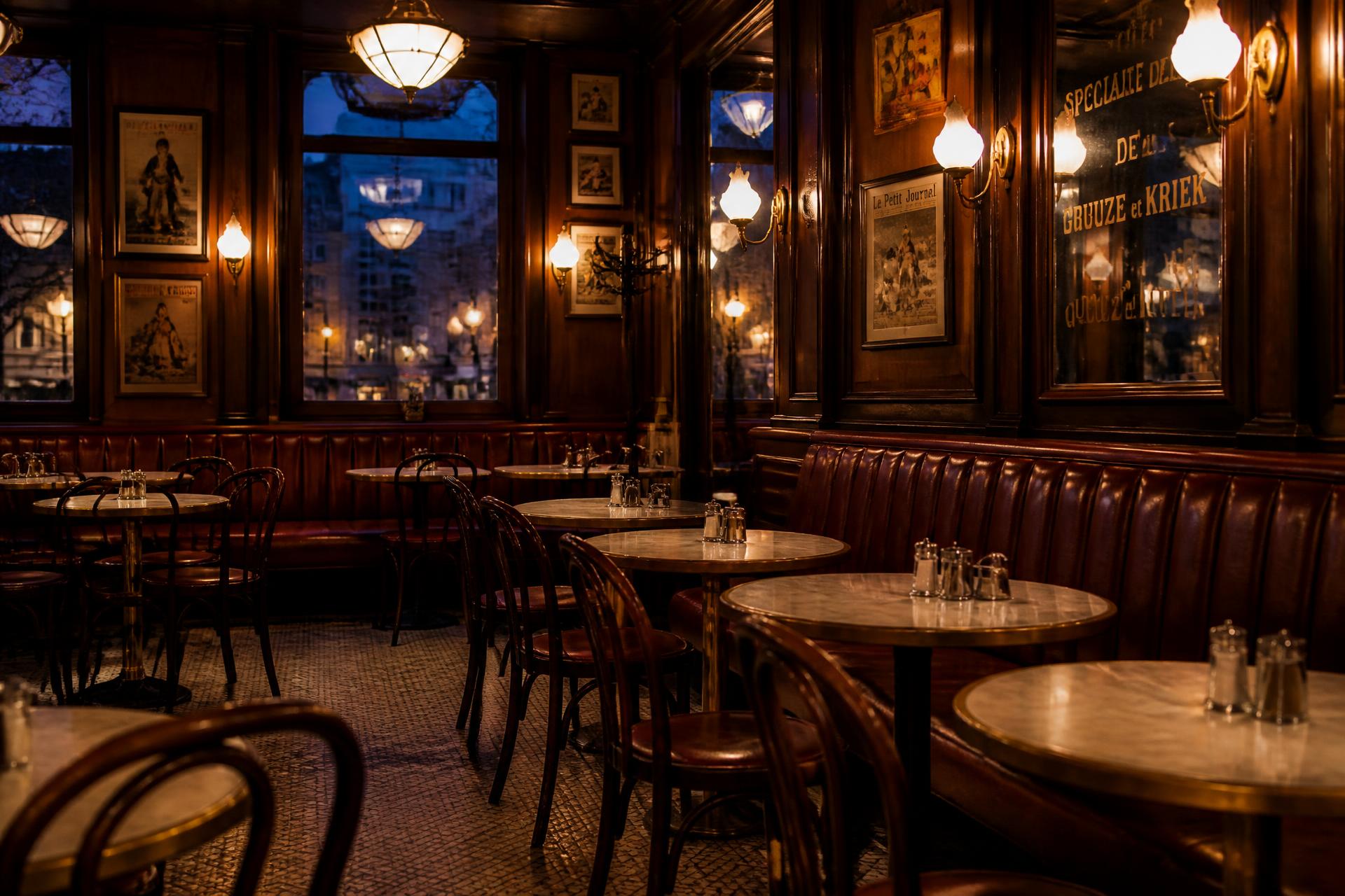 Salle de la brasserie Le Plaza : boiseries sombres, banquettes en cuir bordeaux, tables en marbre et lampes en laiton